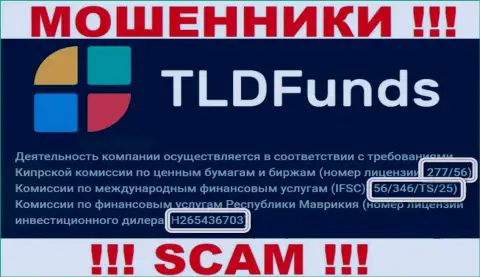 TLDFunds Com представили на web-портале лицензию, но ее существование мошеннической их сути не меняет