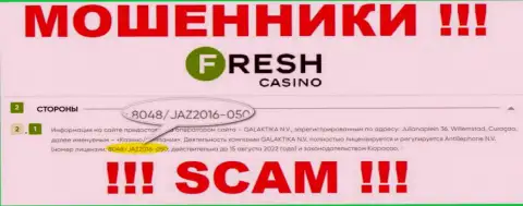Лицензия на осуществление деятельности, которую мошенники Fresh Casino представили на своем сайте