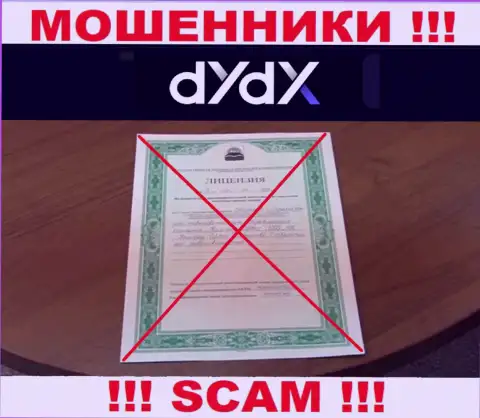 У dYdX Exchange не показаны сведения о их лицензии - это наглые internet-махинаторы !!!