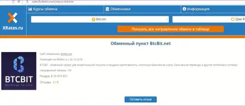 Информационный материал об обменнике BTCBit на сайте иксрейтес ру