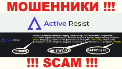 Взаимодействовать с организацией Active Resist НЕ СОВЕТУЕМ, невзирая на опубликованную лицензию на их информационном портале
