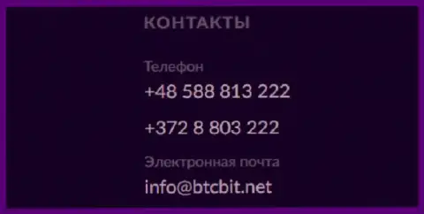 Телефон и Е-mail онлайн обменки BTCBit Net