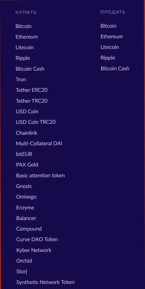 Список цифровой валюты для выполнения операций в криптовалютной онлайн обменке БТКБит